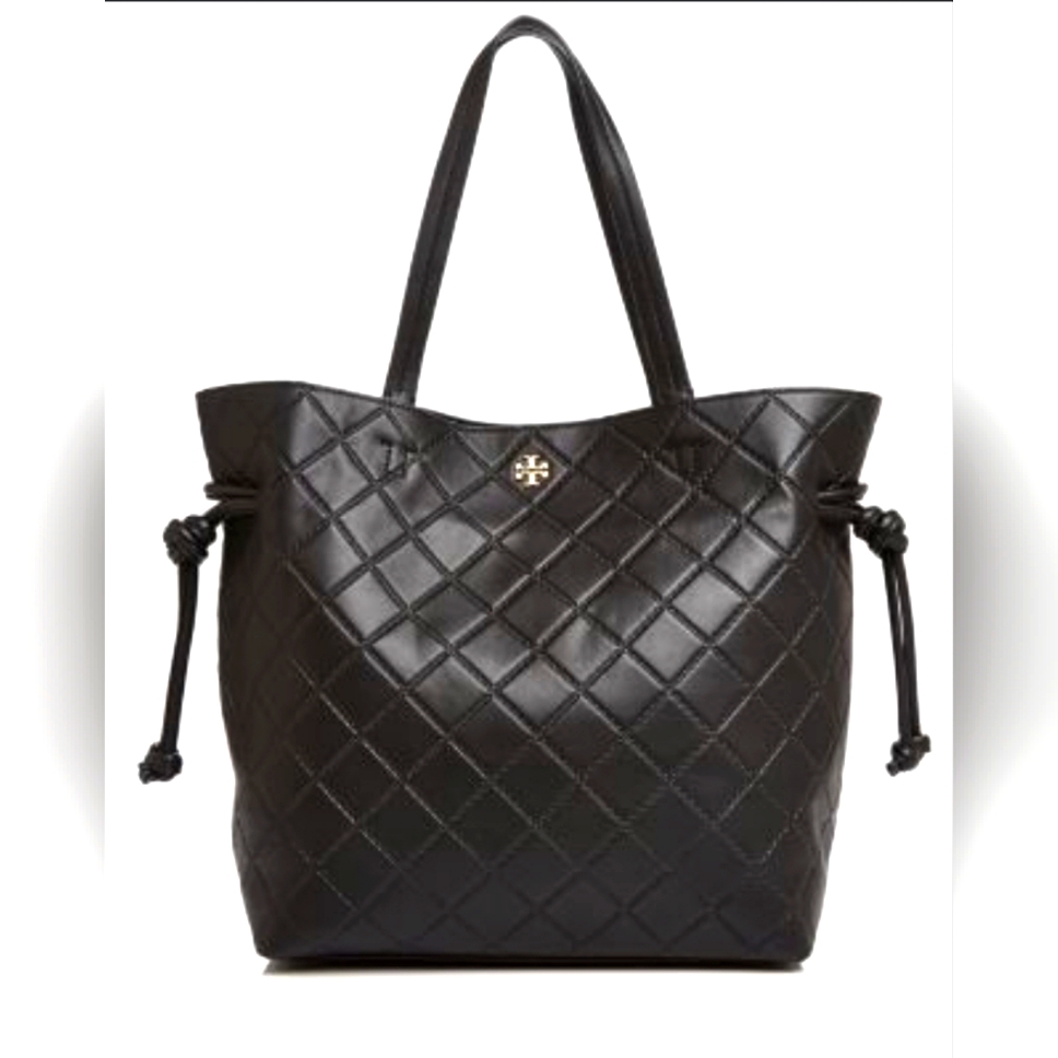 Tory Burch Georgia Slouchy Quilted Black Leather Tote Drawstring Bag Purse